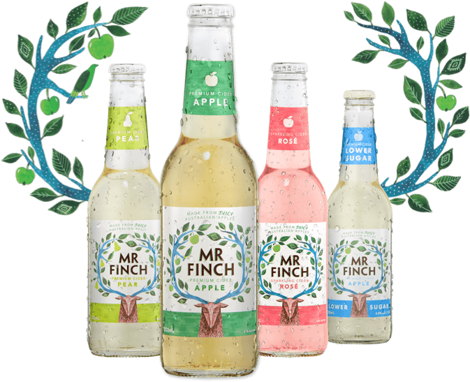 Mr. Finch Pear, Rose Cider, Apple and Lower Sugar Bottles with Antlers